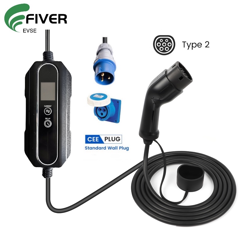 230V 32A Current Adjustable 7.4KW Portable Charger for Electric Cars CEE Plug Type 2 Connector
