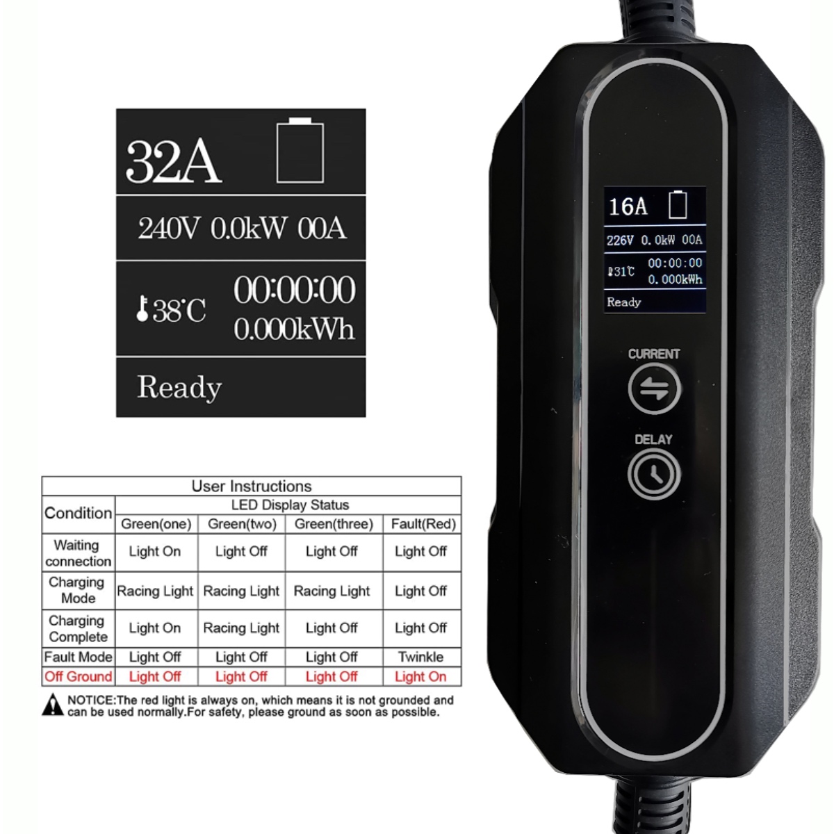 32A current adjustable 7KW portable ev charger