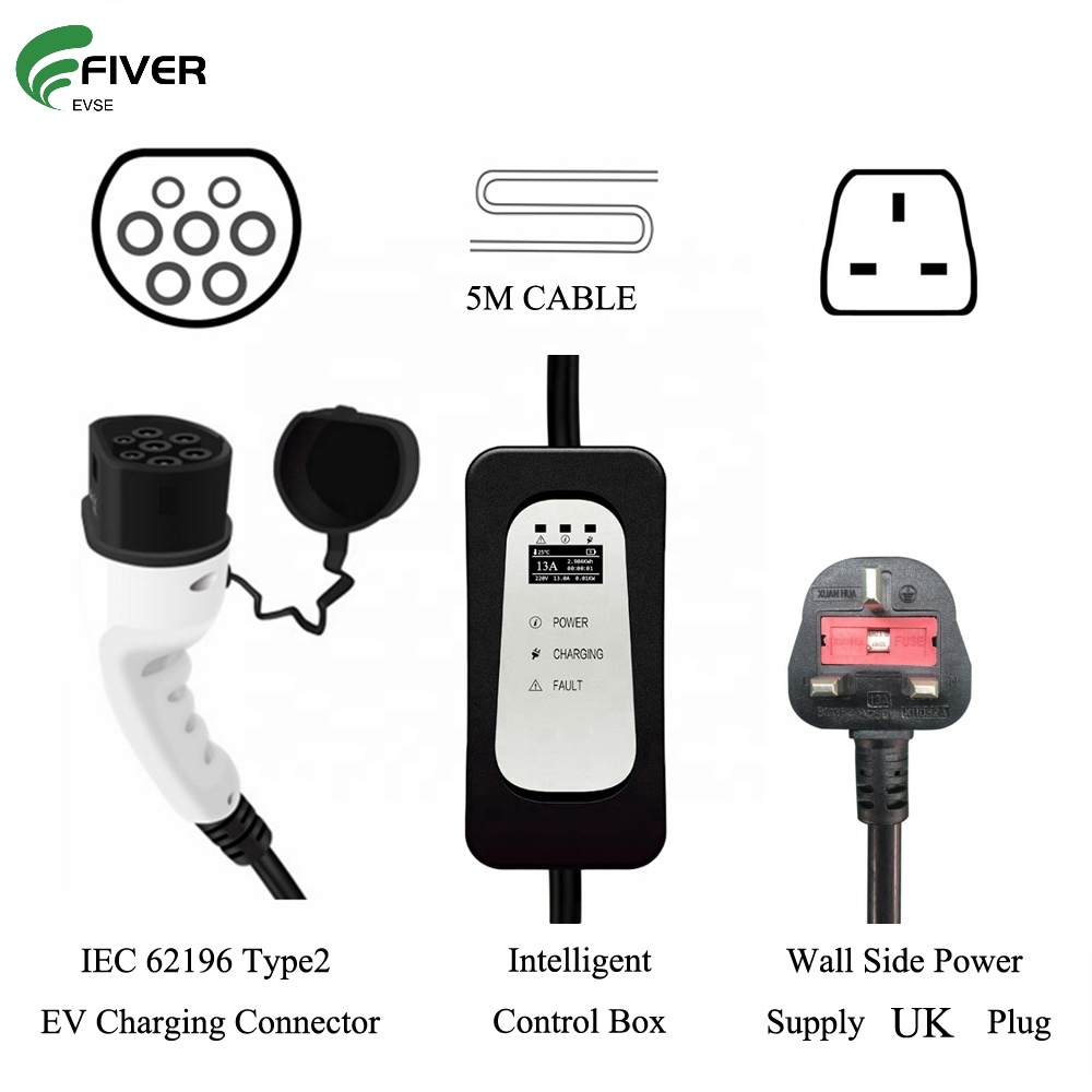 Level 2 Type 2 13A Portable EV AC Charger UK Plug