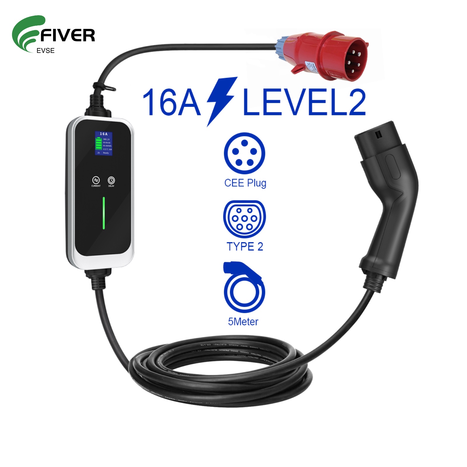 3Phase 16A Current Adjustable 11KW Portable EV Charger  Type 2  Connector Red CEE Plug