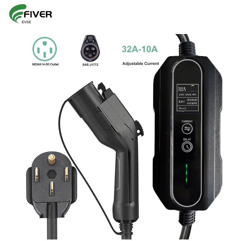 240V 32A Current Adjustable Schedule Charging Level 2 Portable EV Charger Type 1  with NEMA14-50 Plug