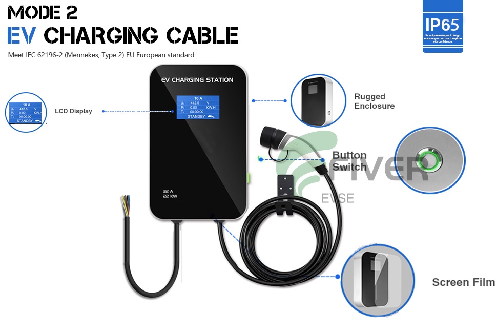 Borne De Recharge Voiture électrique Type 2 - 11 KW Triphasé - Câble 5 M - IP65 - Pour Installation Murale